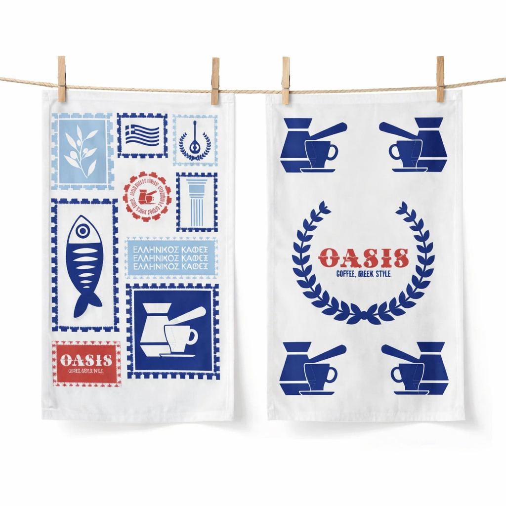 Oasis coffee, greek tea towels. Hellenic Tea Towels. Grecian Design. Greek Kitchen