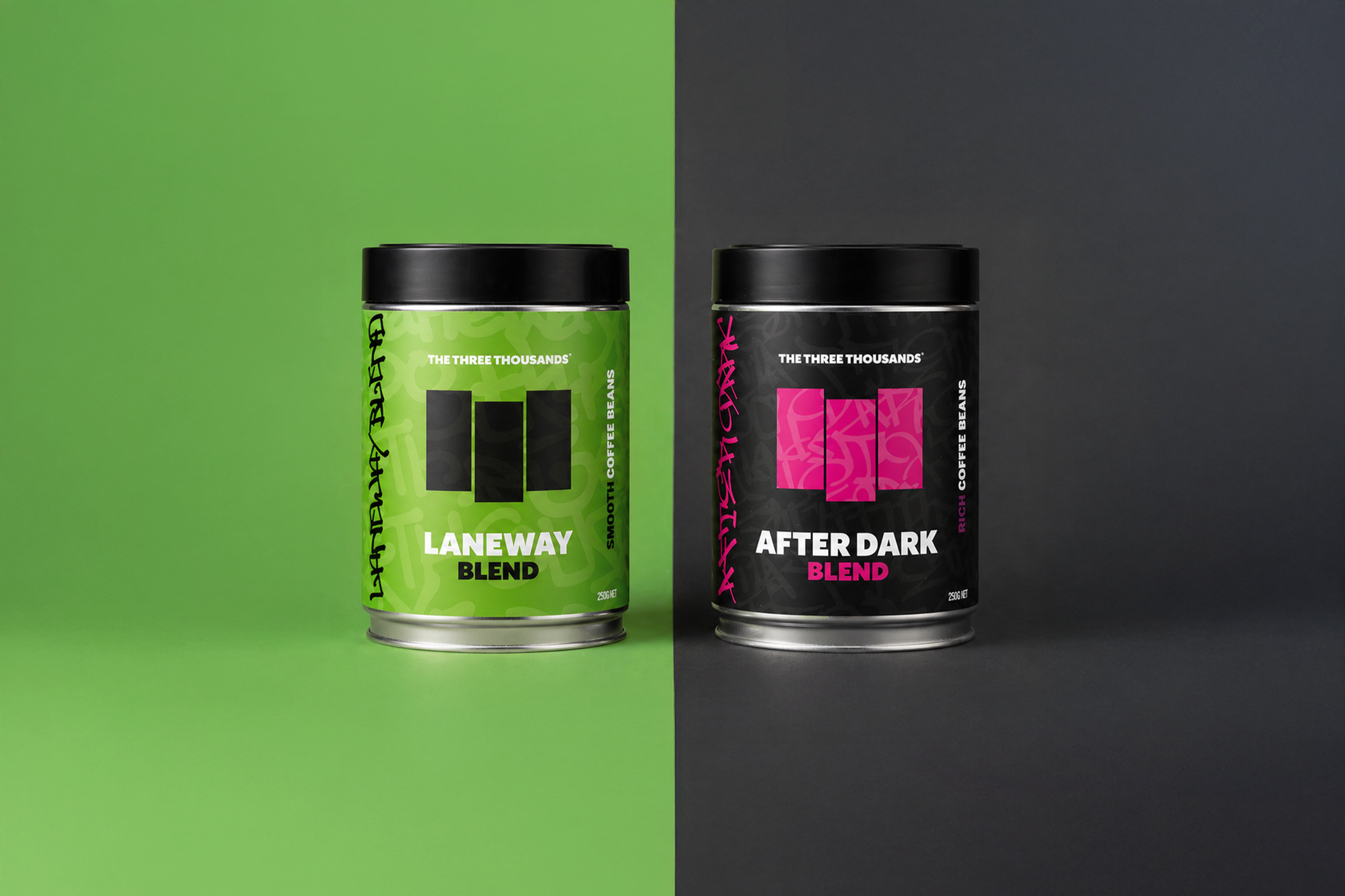 Two coffee canisters, one labeled 'Laneway Blend' and the other 'After Dark Blend', on a green and black background.