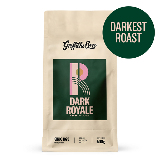 Griffiths Bros Dark Royale coffee package with 'Darkest Roast' label on a white background