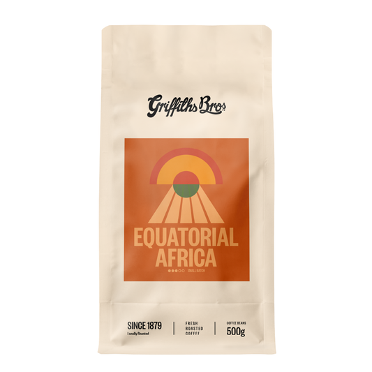 Coffee bag from Griffiths Bros with 'Equatorial Africa' design on a beige background