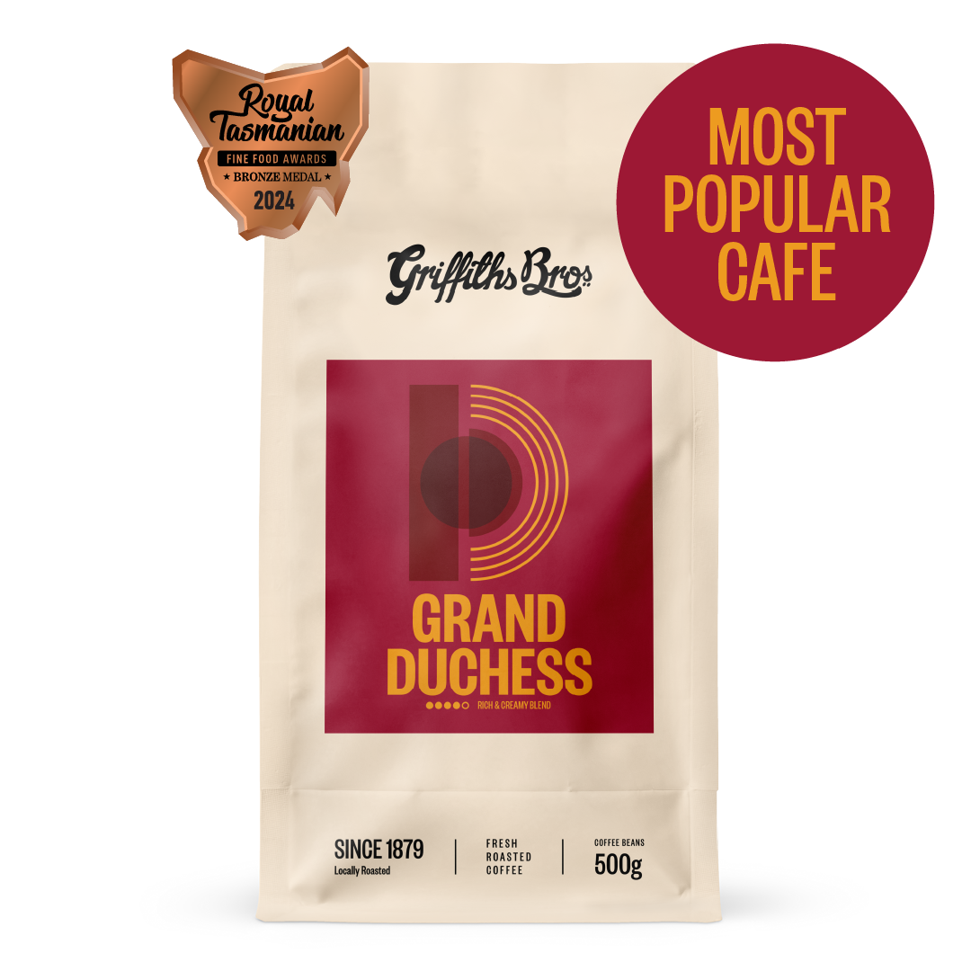 Griffiths Bros Coffee Roasters Grand Duchess Blend Nutty Chocolatey and Caramelly tasting notes. Medium Dark Roast Coffee