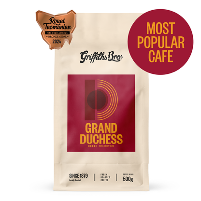 Griffiths Bros Coffee Roasters Grand Duchess Blend Nutty Chocolatey and Caramelly tasting notes. Medium Dark Roast Coffee