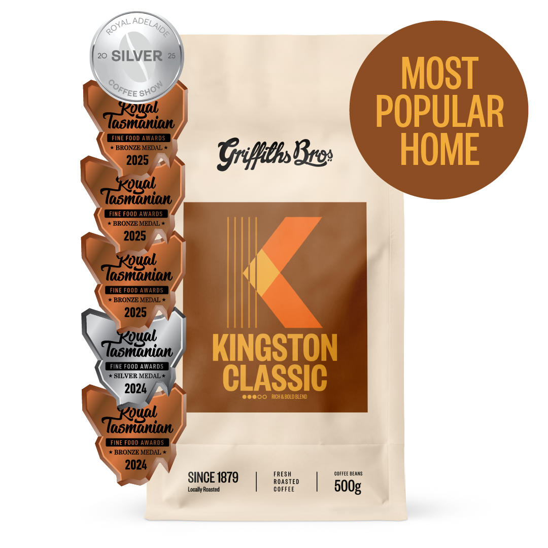 Griffiths Bros Kingston Classic coffee package with awards and certification on a white background