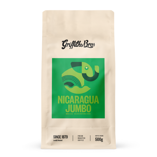 Griffiths Bros Nicaragua Jumbo coffee package on a white background. Nicaragua Jumbo coffee. Elephant Bean Coffee.