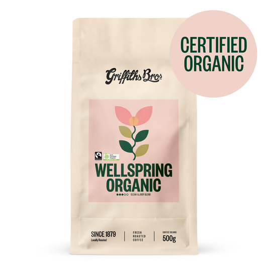 Griffiths Bros Coffee Roasters Wellspring Organic. Organic Coffee. Australian Certified Organic Coffee. Bud Club. Fairtrade Coffee. Certified Coffee.  Fairtrade ANZ. Fairtrade Fortnight 