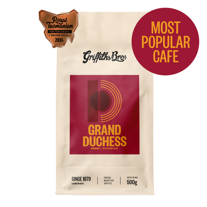 Griffiths Bros Coffee Roasters Grand Duchess Blend Nutty Chocolatey and Caramelly tasting notes. Medium Dark Roast Coffee