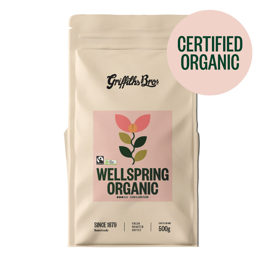 Griffiths Bros Coffee Roasters Wellspring Organic. Organic Coffee. Australian Certified Organic Coffee. Bud Club. Fairtrade Coffee. Certified Coffee.  Fairtrade ANZ. Fairtrade Fortnight
