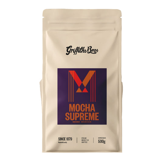 Griffiths Bros Coffee Roasters Mocha Supreme Blend. Mocha Coffee. Dark Chocolate Coffee. Coffee Supreme.