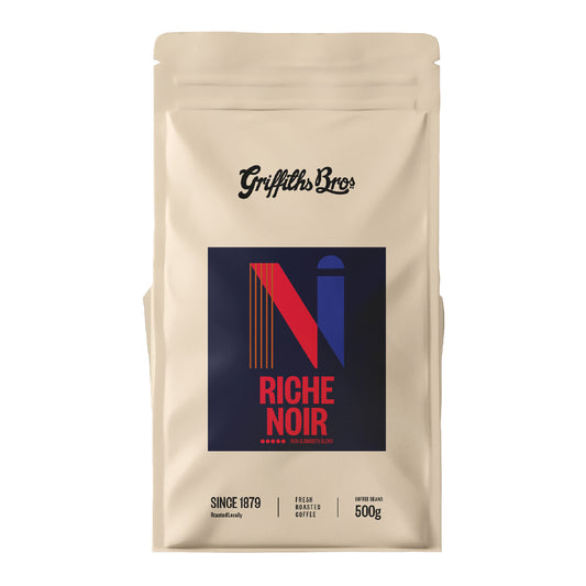 Griffiths Bros Coffee Roasters Riche Noir Blend. Rich and Smooth Dark Coffee Blend. Dark Roast. French Press
