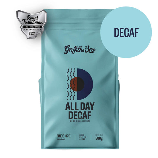 Griffiths Bros Coffee Roasters All Day Decaf Tin Decaf coffee Decaffeinated Coffee Caffeine Free Coffee Best Decaf Coffee Chemical Free Decaf Water Processed Decaf. Award winning decaf.