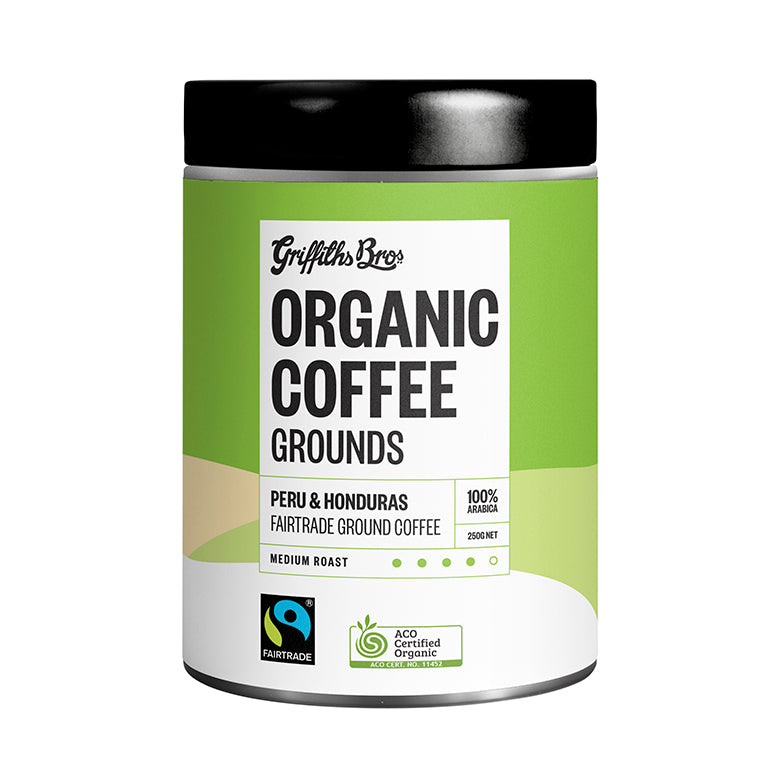 Griffiths Bros Coffee Roasted Organic Coffee Grounds. Ground Coffee. Ground Peru and Honduras Coffee. Certified Organic Coffee. Australian Certified Coffee. Bud Club. Fairtrade Coffee. Fairtrade ANZ Fairtrade Fortnight. 100% Arabica Coffee Grounds