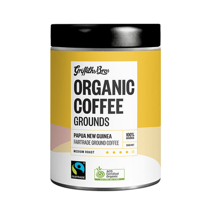 Griffiths Bros Coffee Roasted Organic Coffee Grounds. Ground Coffee. Ground PNG Coffee. Certified Organic Coffee. Australian Certified Coffee. Bud Club. Fairtrade Coffee. Fairtrade ANZ Fairtrade Fortnight.