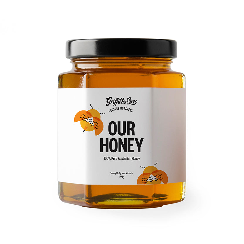 Griffiths Bros Coffee Roasters Honey. 100% Pure Australian Honey. Honey Jar.